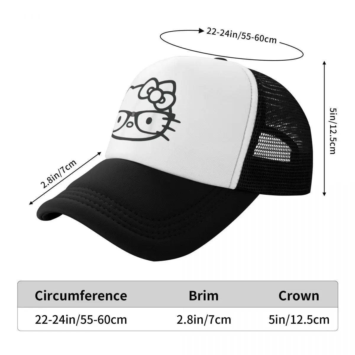 Hello Kitty Nerd Glasses Mesh Baseball Caps Adult Sport Trucker Hat Hat Adjustable Polyester Golf Hats Summer Trucker Cap