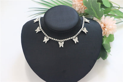 Alloy Butterfly Pendant Rhinestone Single Row Diamond Chain Necklace Necklace