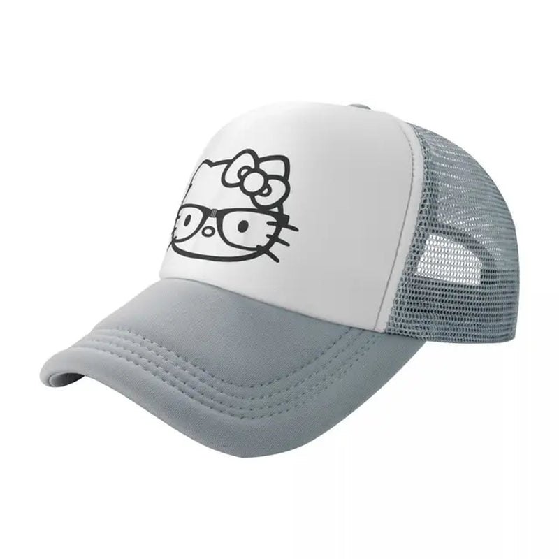 Hello Kitty Nerd Glasses Mesh Baseball Caps Adult Sport Trucker Hat Hat Adjustable Polyester Golf Hats Summer Trucker Cap