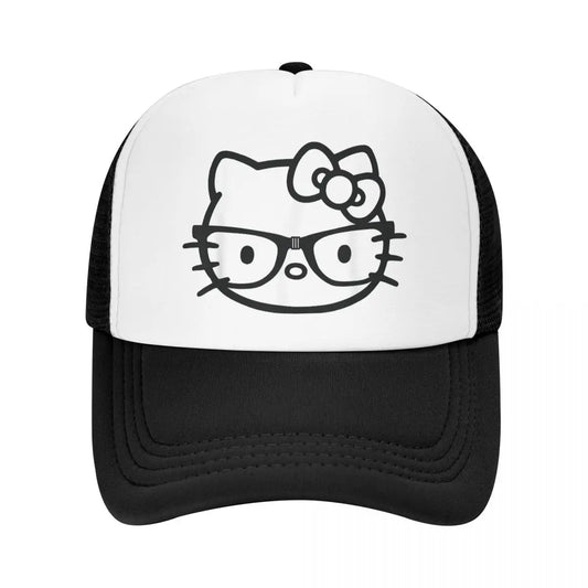 Hello Kitty Nerd Glasses Mesh Baseball Caps Adult Sport Trucker Hat Hat Adjustable Polyester Golf Hats Summer Trucker Cap