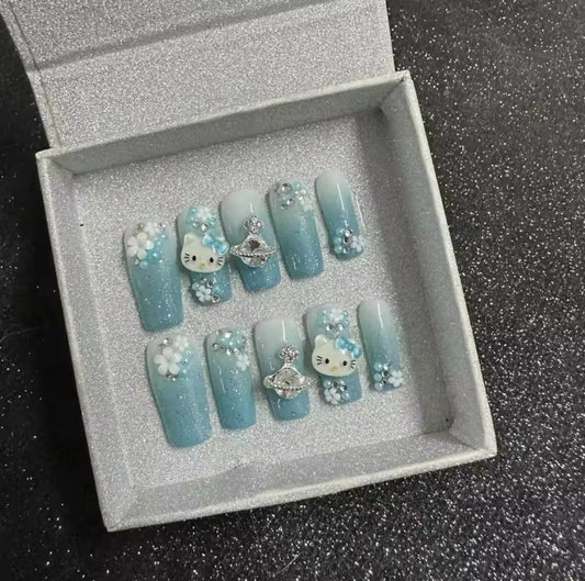 Light Blue Hello Kitty Nails