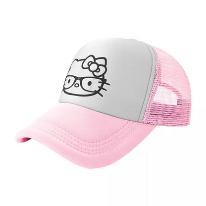 Hello Kitty Nerd Glasses Mesh Baseball Caps Adult Sport Trucker Hat Hat Adjustable Polyester Golf Hats Summer Trucker Cap