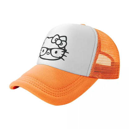 Hello Kitty Nerd Glasses Mesh Baseball Caps Adult Sport Trucker Hat Hat Adjustable Polyester Golf Hats Summer Trucker Cap