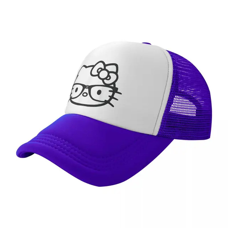 Hello Kitty Nerd Glasses Mesh Baseball Caps Adult Sport Trucker Hat Hat Adjustable Polyester Golf Hats Summer Trucker Cap